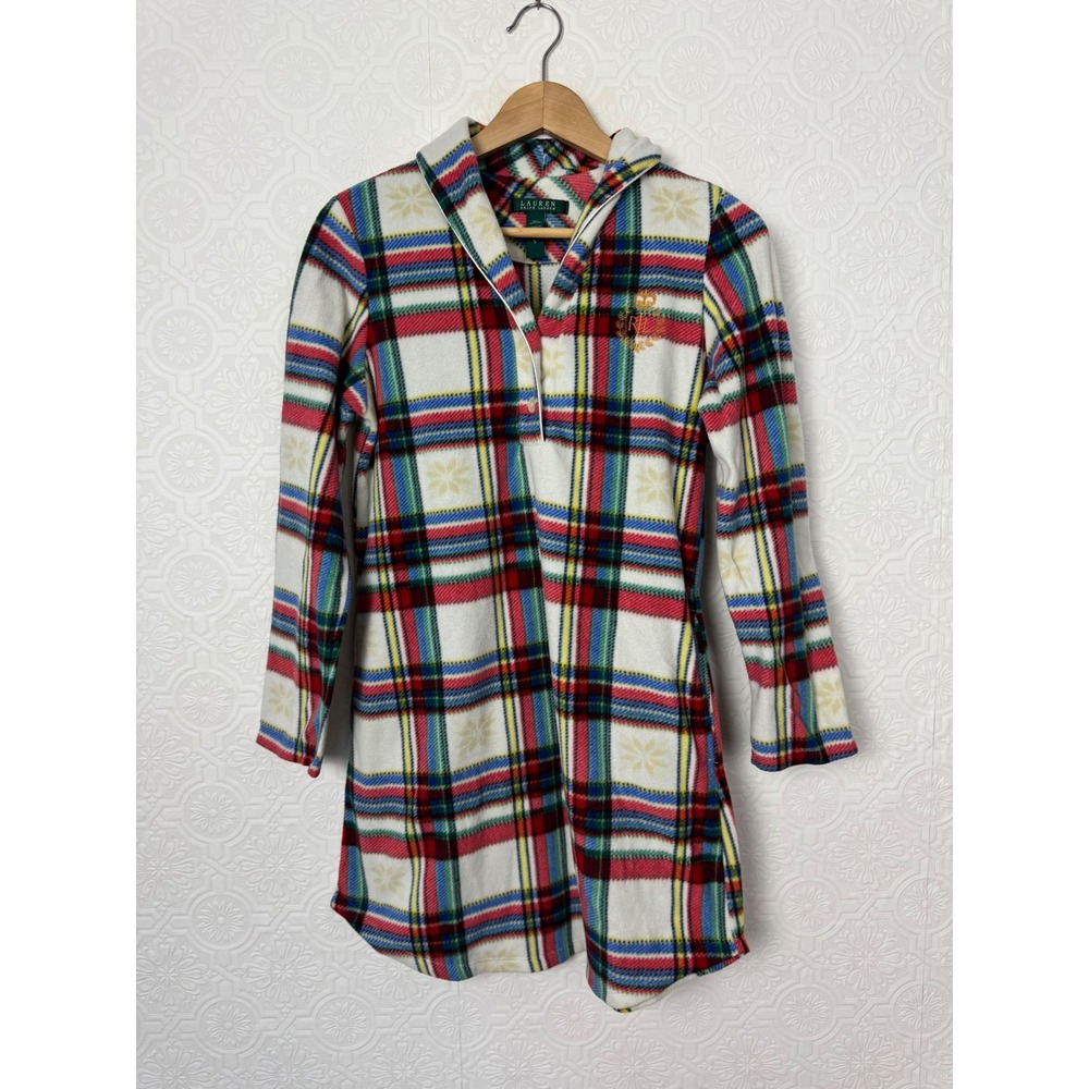 Lauren Ralph Lauren Plaid Fleece Nightshirt Pajama Dress Small Multi Color